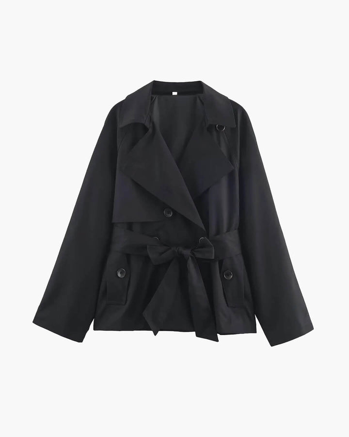 Women's short belted trench coat with notched lapels and long sleeves