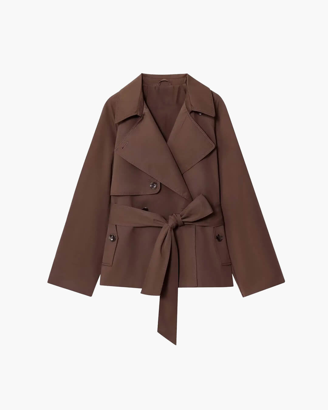 Women's short belted trench coat with notched lapels and long sleeves