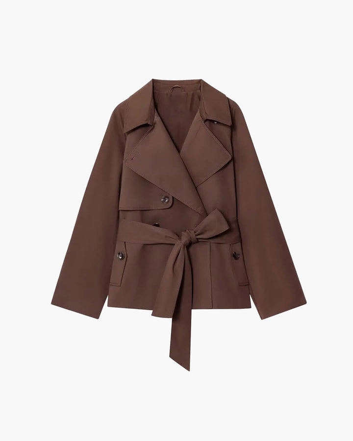 Women's short belted trench coat with notched lapels and long sleeves
