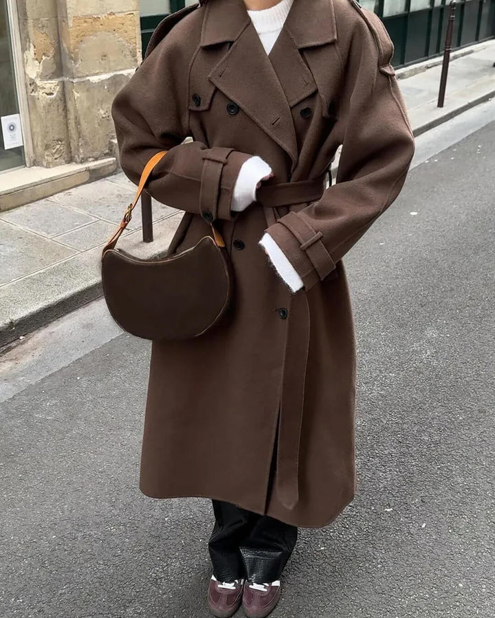 Women's belted double-breasted long coat with notched lapels