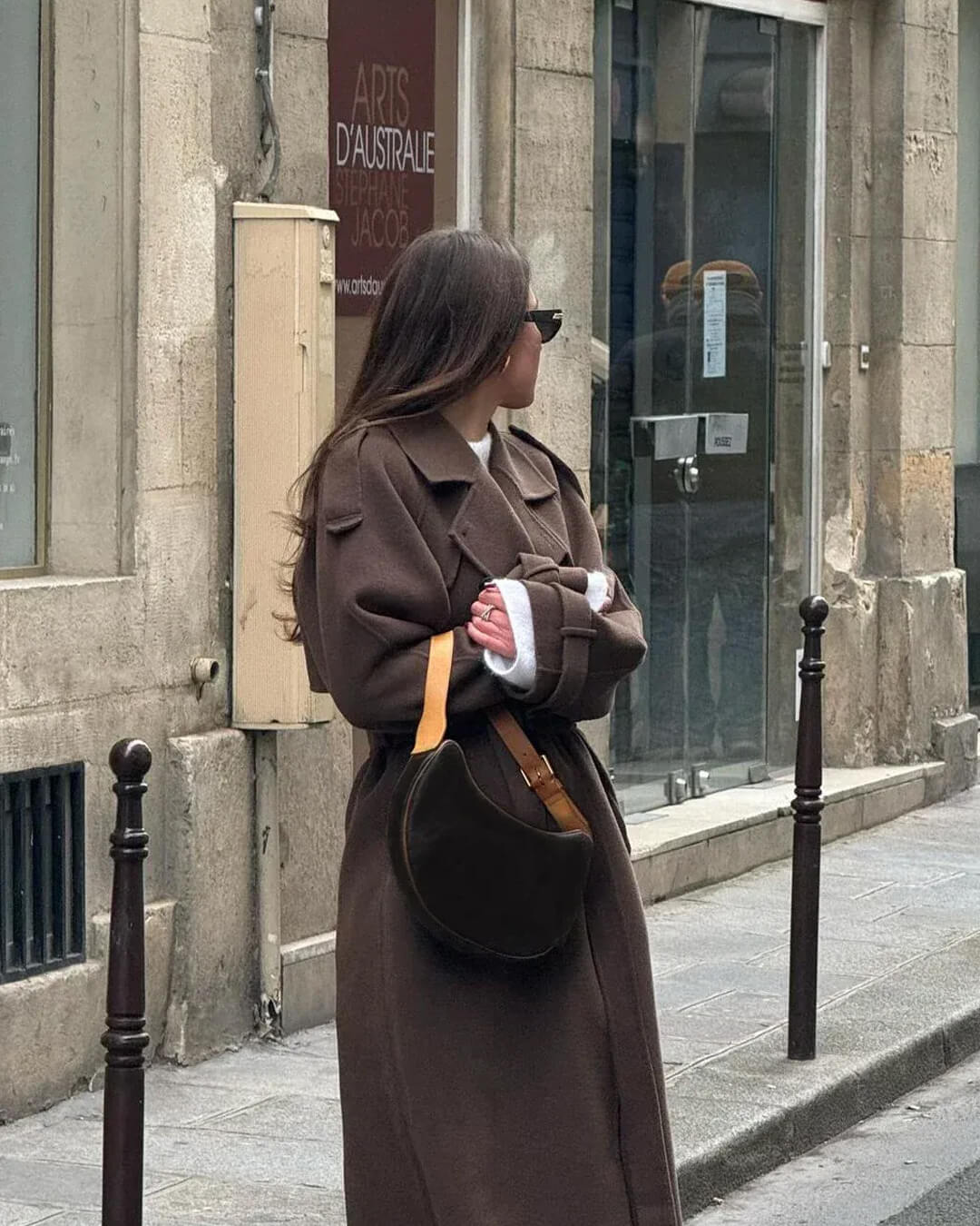 Women's belted double-breasted long coat with notched lapels