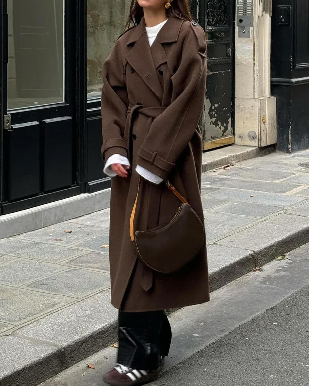 Women's belted double-breasted long coat with notched lapels