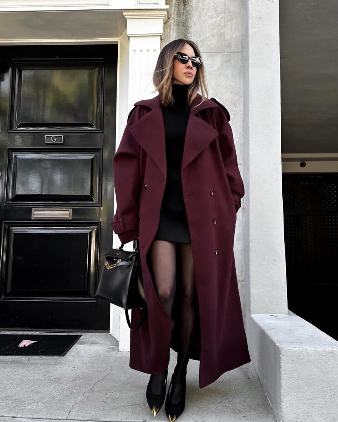 Women's belted double-breasted long coat with notched lapels