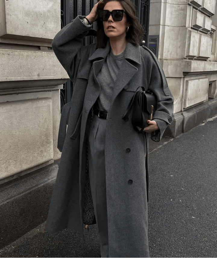 Women's belted double-breasted long coat with notched lapels