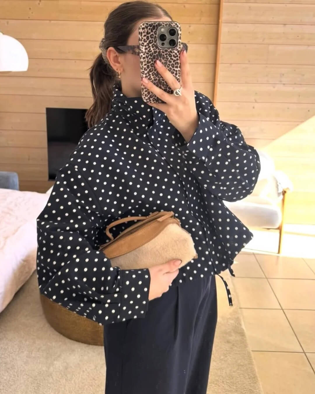Women's polka dot jacket with high collar, long sleeves and cropped elasticated hem