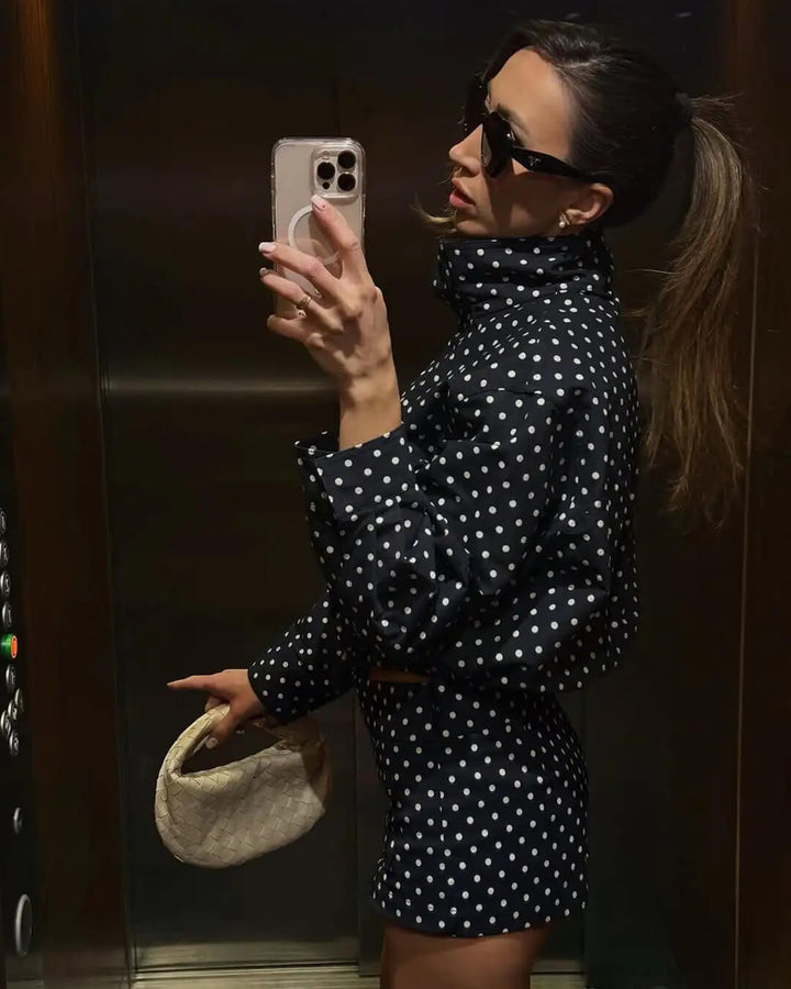 Women's polka dot jacket with high collar, long sleeves and cropped elasticated hem