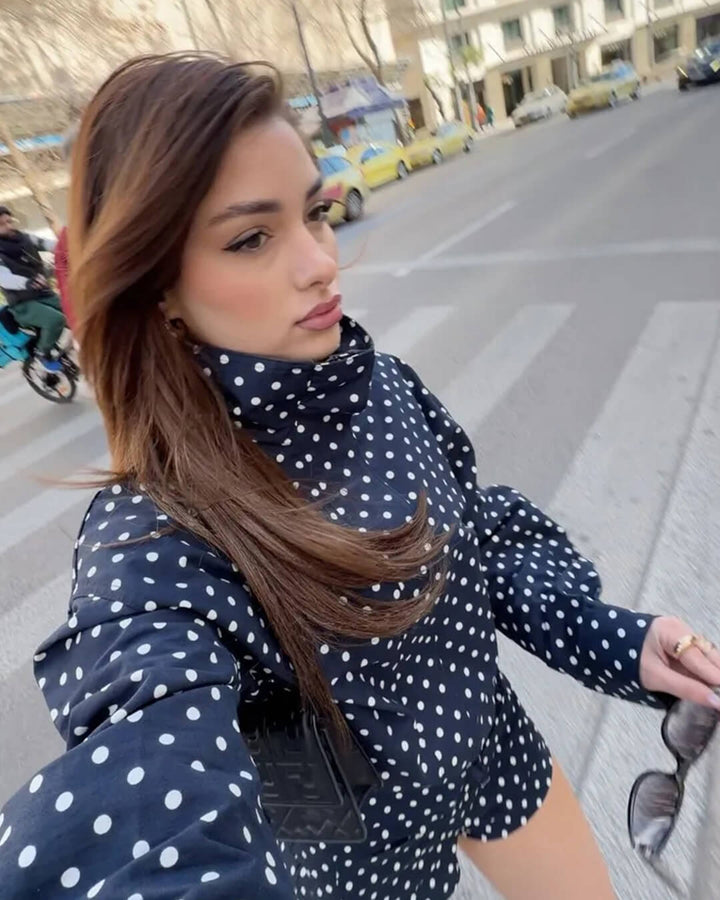 Women's polka dot jacket with high collar, long sleeves and cropped elasticated hem