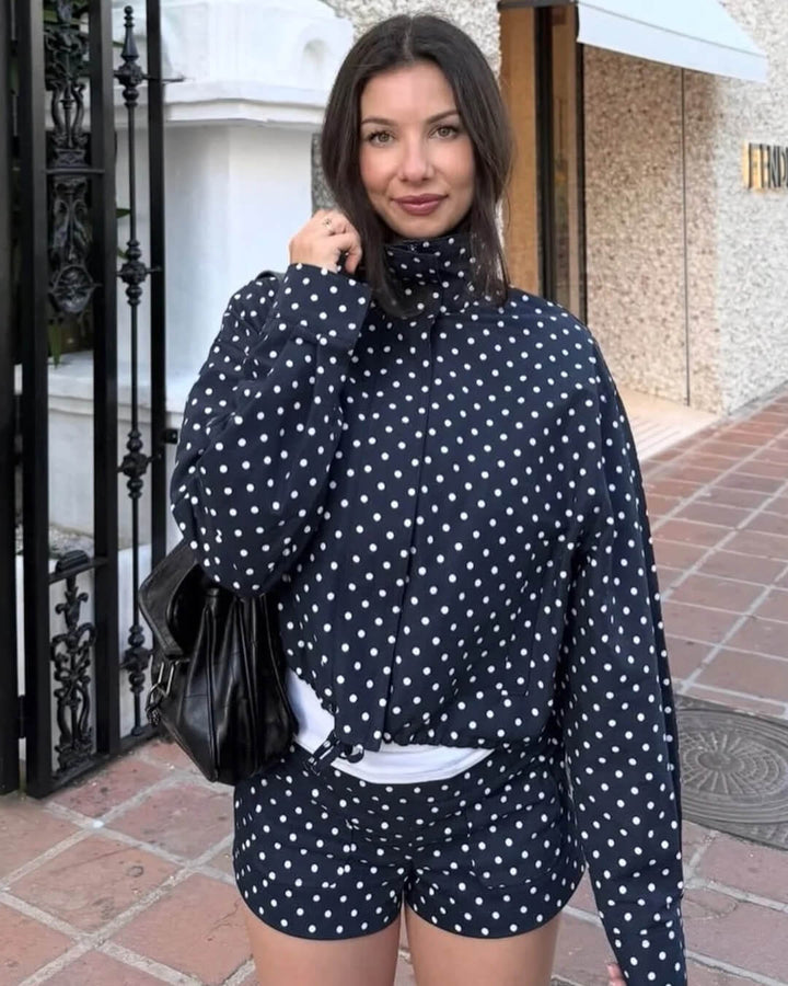 Women's polka dot jacket with high collar, long sleeves and cropped elasticated hem
