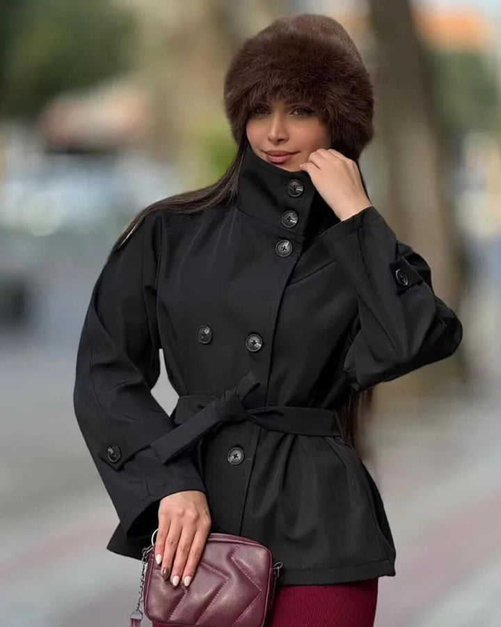 Women's cropped trench jacket with stand collar and tie belt