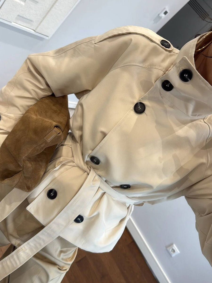 Women's cropped trench jacket with stand collar and tie belt