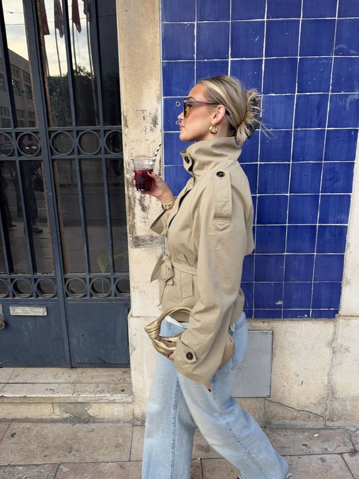 Women's cropped trench jacket with stand collar and tie belt