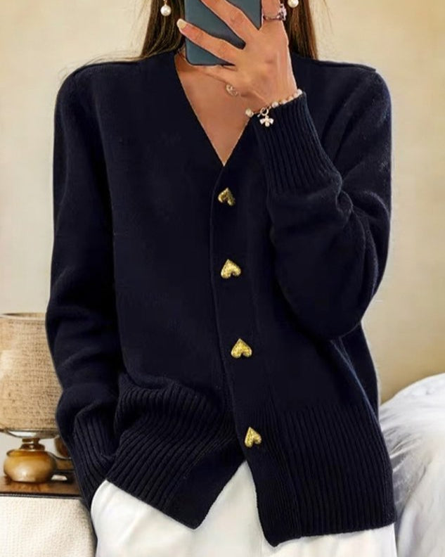 Women's V-neck cardigan with heart-shaped buttons and ribbed trims