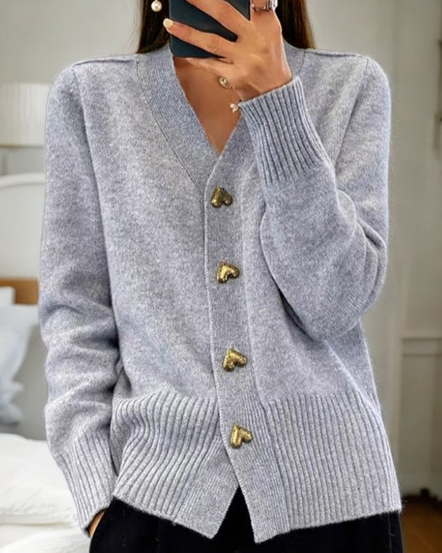 Women's V-neck cardigan with heart-shaped buttons and ribbed trims