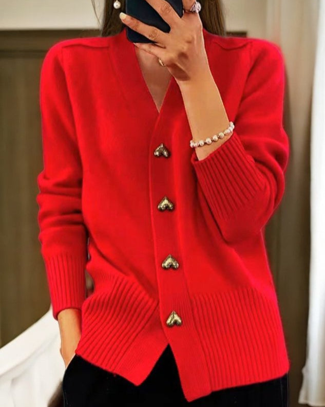 Women's V-neck cardigan with heart-shaped buttons and ribbed trims