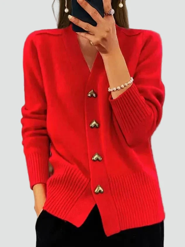Women's V-neck knitted cardigan with heart-shaped buttons and ribbed trims