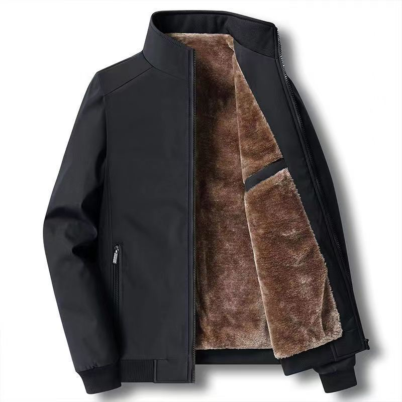 Men's dark fleece-lined zip jacket with stand collar and zipped pockets