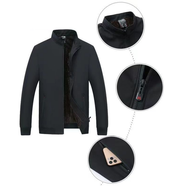 Men's dark fleece-lined zip jacket with stand collar and zipped pockets