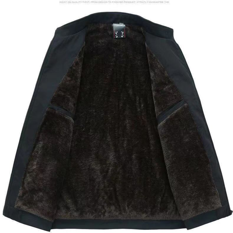 Men's dark fleece-lined zip jacket with stand collar and zipped pockets