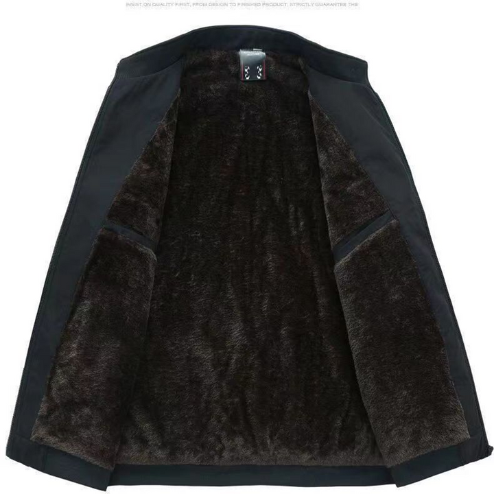 Men's dark fleece-lined zip jacket with stand collar and zipped pockets
