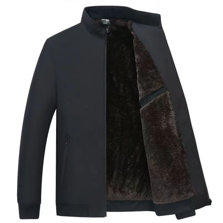 Men's dark fleece-lined zip jacket with stand collar and zipped pockets