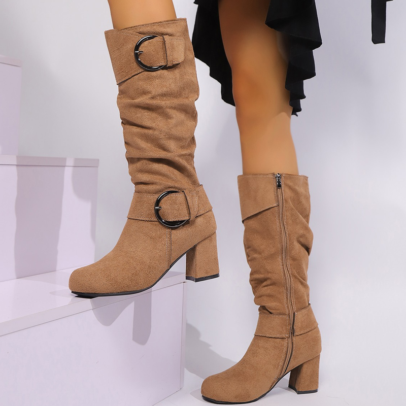 Women's slouch tall boots with buckle straps and high block heels