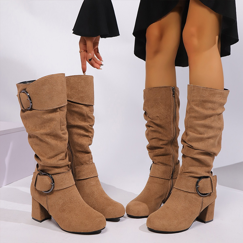 Women's slouch tall boots with buckle straps and high block heels