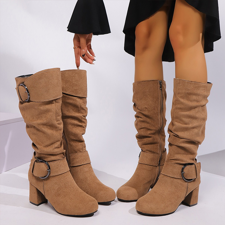 Women's slouch tall boots with buckle straps and high block heels