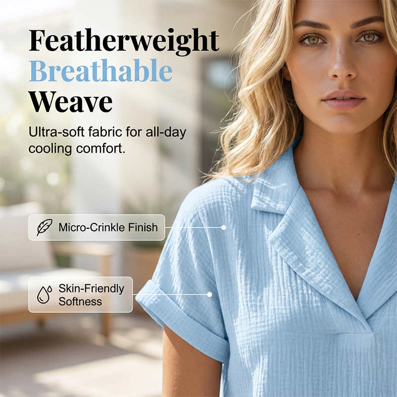 Women's V-Neck T-Shirt — Relaxed Loose Fit Textured Short Sleeve Summer Top