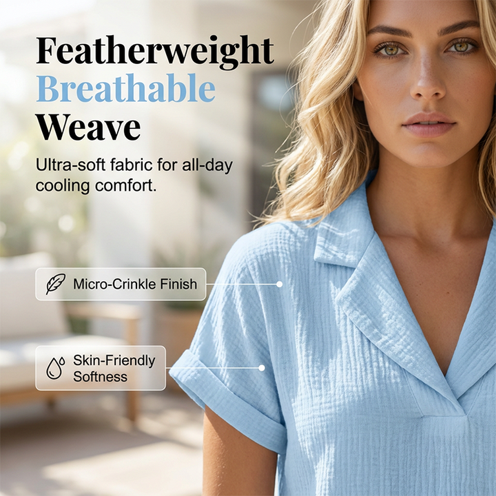 Women's V-Neck T-Shirt — Relaxed Loose Fit Textured Short Sleeve Summer Top