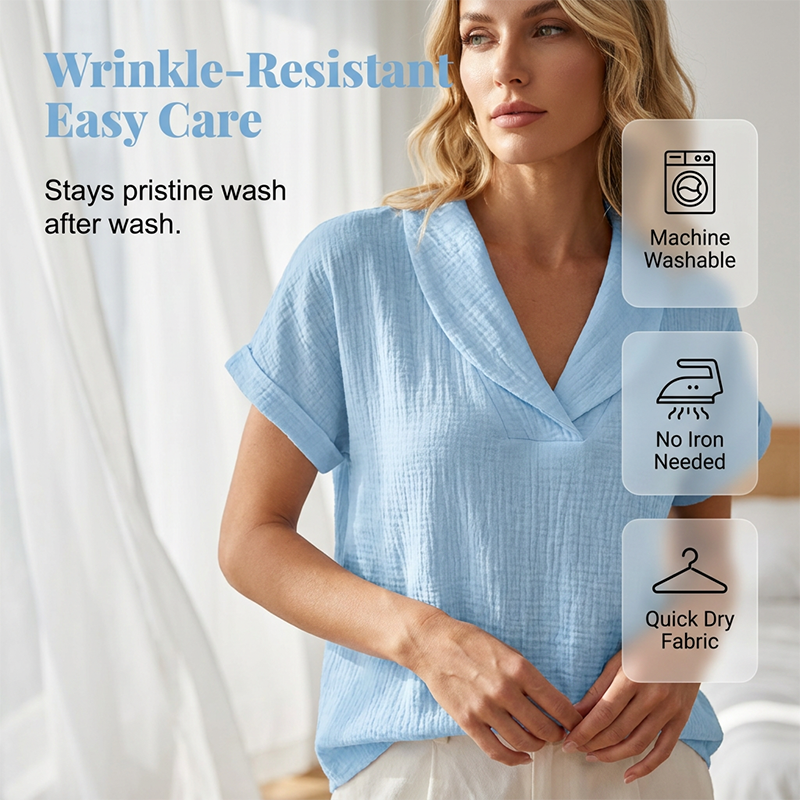 Women's V-Neck T-Shirt — Relaxed Loose Fit Textured Short Sleeve Summer Top