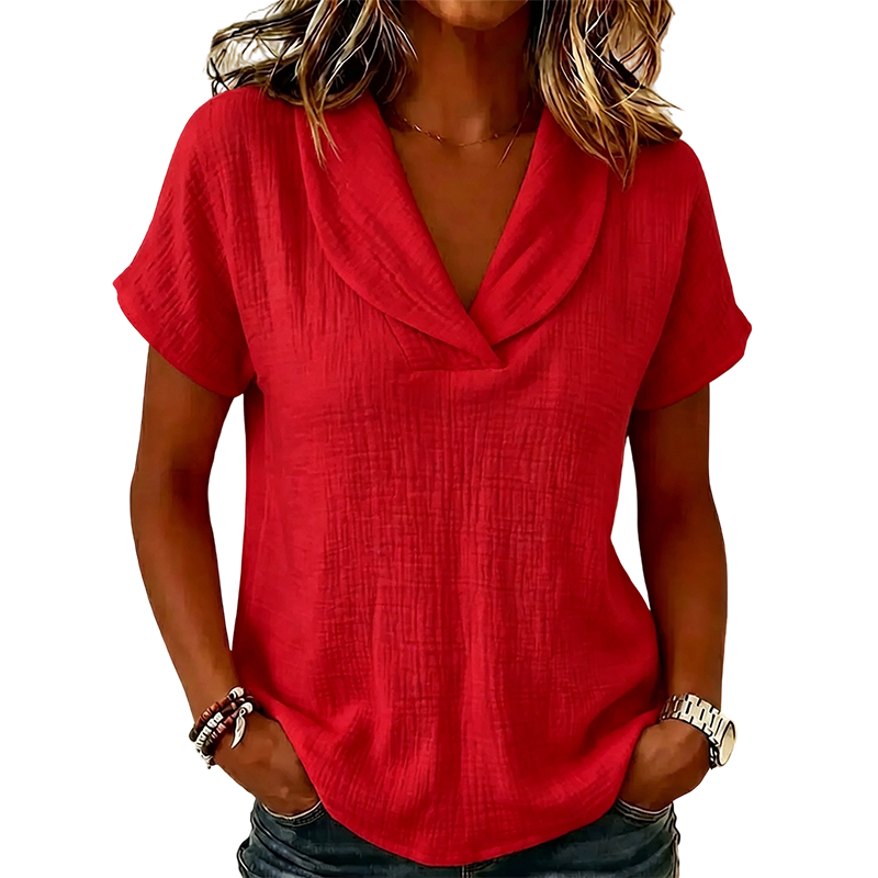 Women's V-Neck T-Shirt — Relaxed Loose Fit Textured Short Sleeve Summer Top