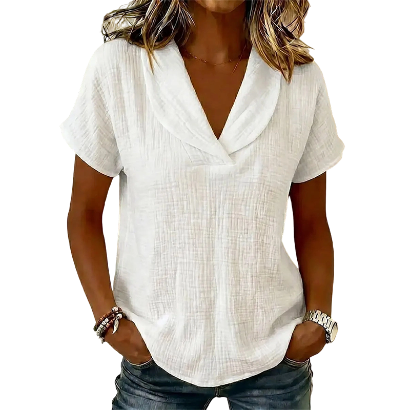 Women's V-Neck T-Shirt — Relaxed Loose Fit Textured Short Sleeve Summer Top