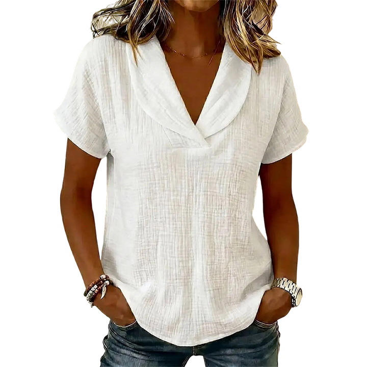 Women's V-Neck T-Shirt — Relaxed Loose Fit Textured Short Sleeve Summer Top
