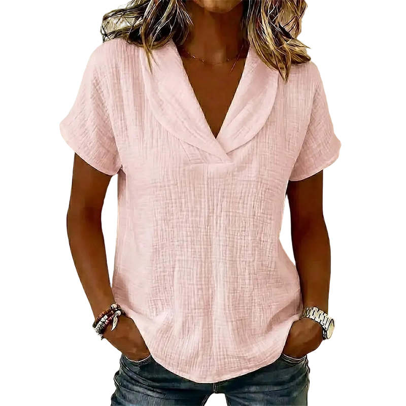 Women's V-Neck T-Shirt — Relaxed Loose Fit Textured Short Sleeve Summer Top