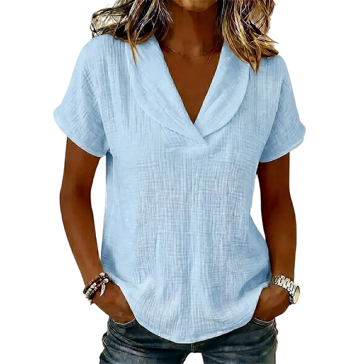 Women's V-Neck T-Shirt — Relaxed Loose Fit Textured Short Sleeve Summer Top