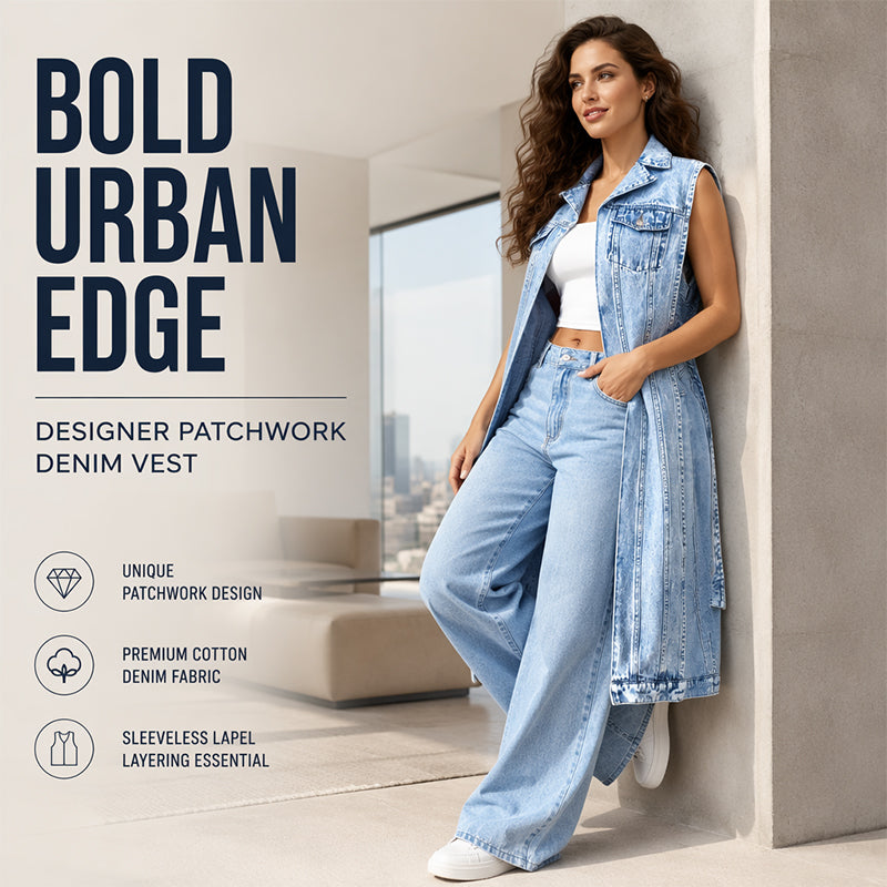 Women's sleeveless denim longline vest with lapel collar and chest pockets