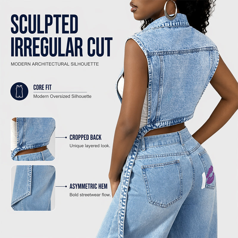 Women's sleeveless denim longline vest with lapel collar and chest pockets