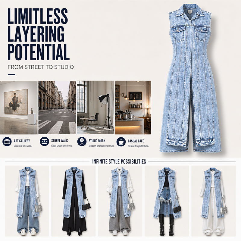 Women's sleeveless denim longline vest with lapel collar and chest pockets