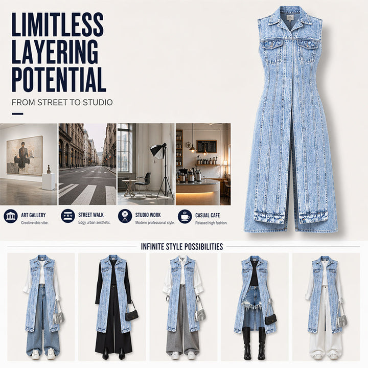 Women's sleeveless denim longline vest with lapel collar and chest pockets