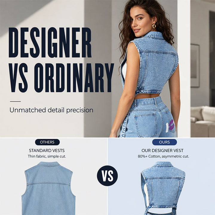 Women's sleeveless denim longline vest with lapel collar and chest pockets