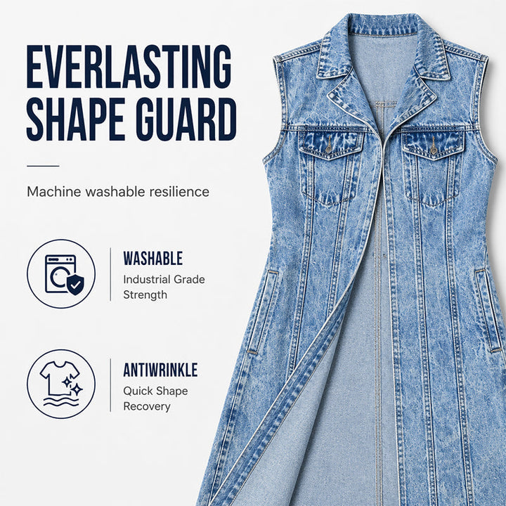 Women's sleeveless denim longline vest with lapel collar and chest pockets