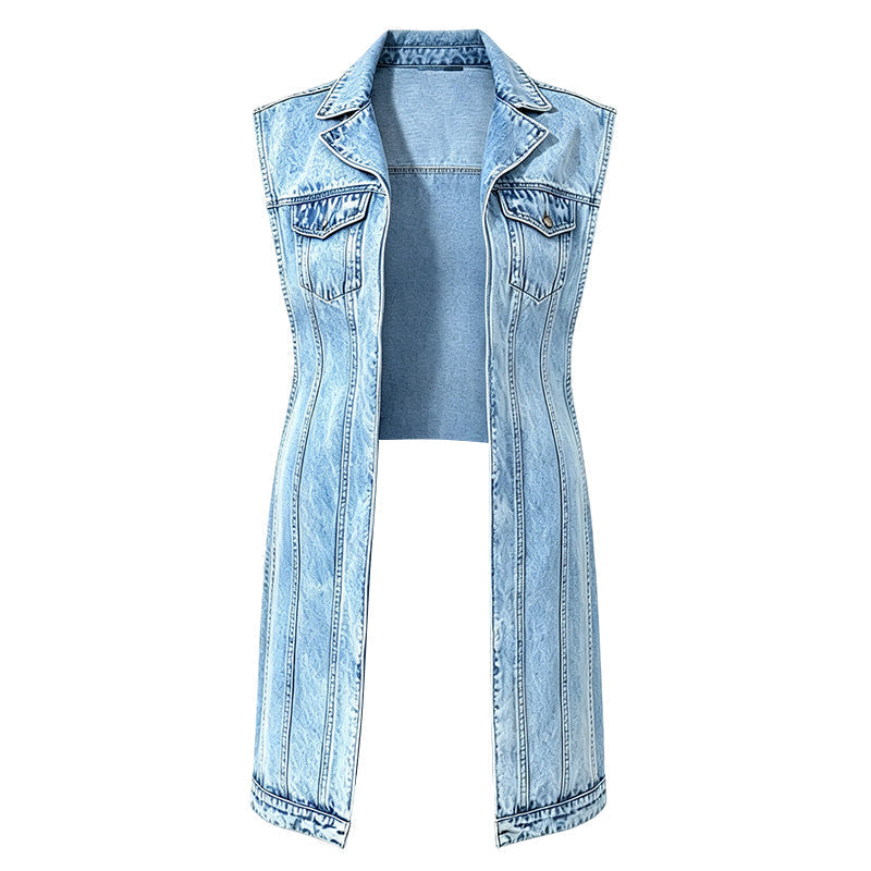 Women's sleeveless denim longline vest with lapel collar and chest pockets