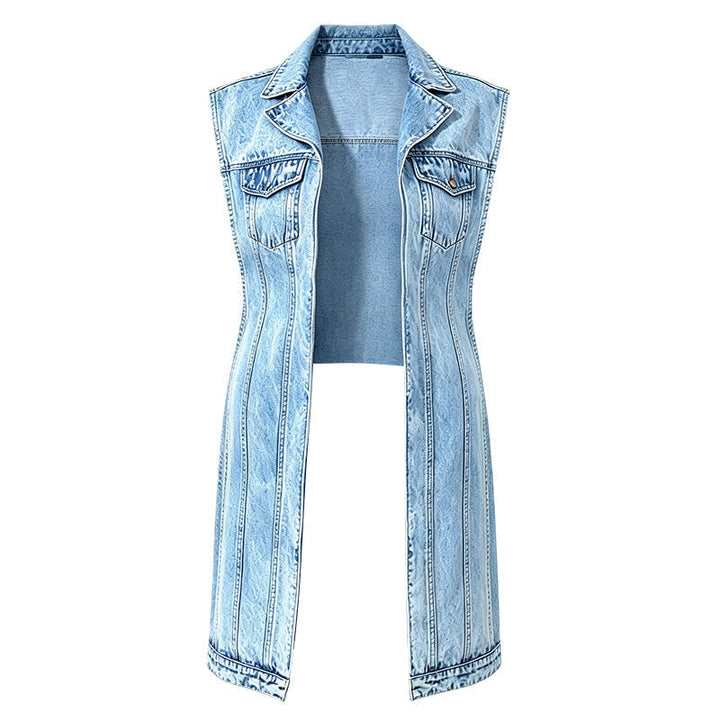 Women's sleeveless denim longline vest with lapel collar and chest pockets