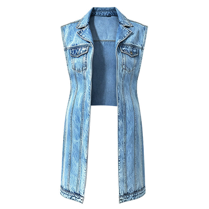 Women's sleeveless denim longline vest with lapel collar and chest pockets