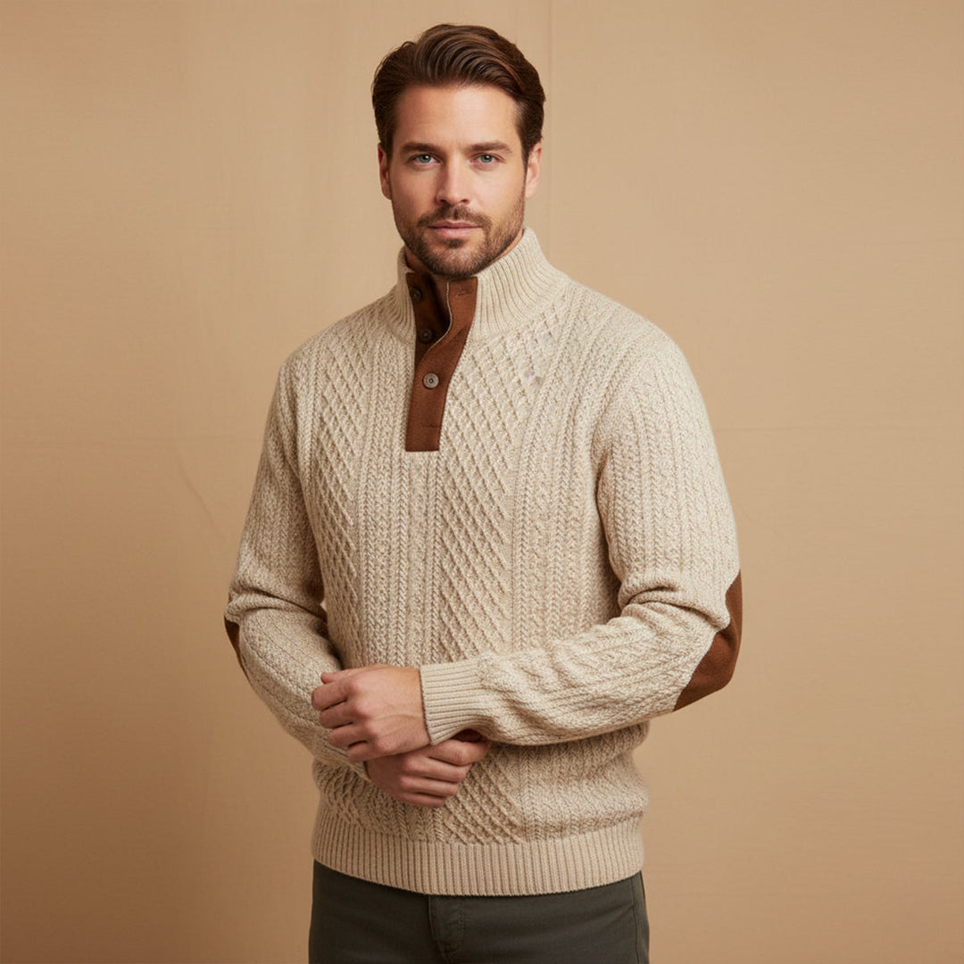 Men's textured jumper with mock neck and elbow patches