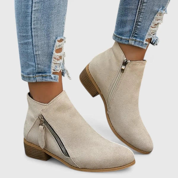 Women's ankle boots with side zippers and low block heels