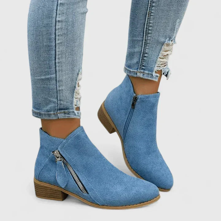 Women's ankle boots with side zippers and low block heels