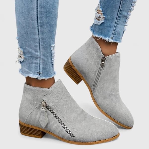 Women's ankle boots with side zippers and low block heels