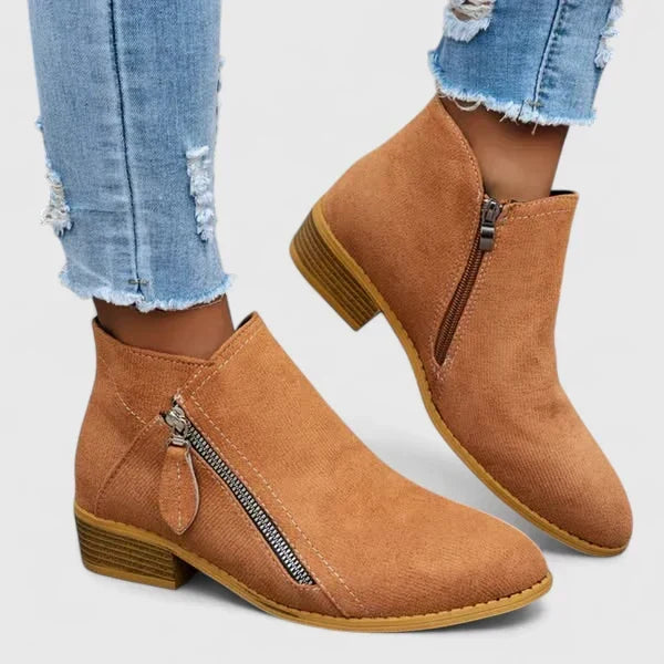 Women's ankle boots with side zippers and low block heels