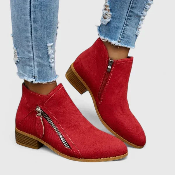 Women's ankle boots with side zippers and low block heels